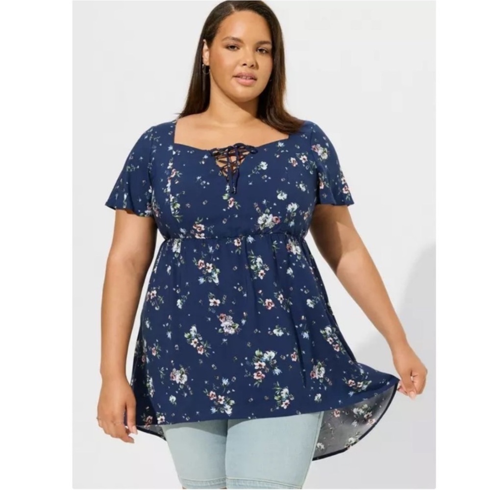 Torrid Babydoll Challis Lace Up High Low Blouse